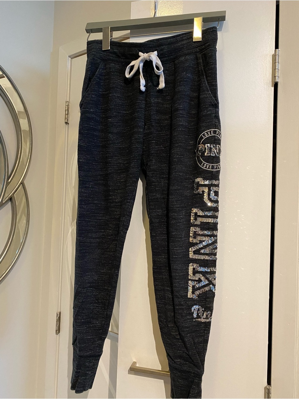 2016 Victoria's Secret PINK Sequin, Silver, Black Skinny Joggers Pants